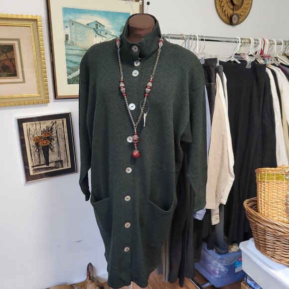 Vintage 80's Helen Hsu Green Knit Sweater Dress or Coat Size Small - Picture 6 of 7